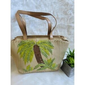 Tan Tote Bag with Embroidered Palm Tree Design